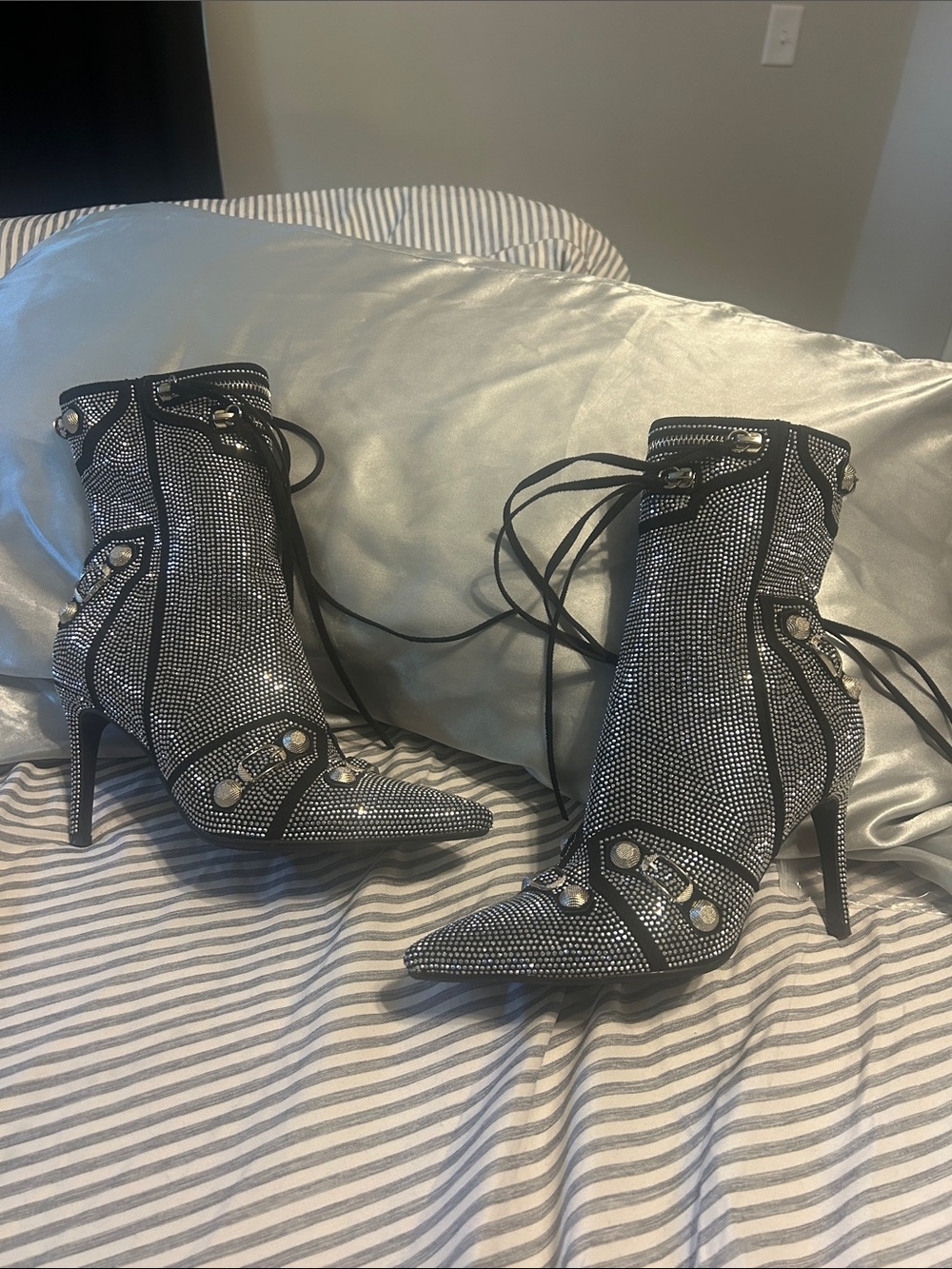 Rhinestone Embellished Black Lace-Up Ankle Booties